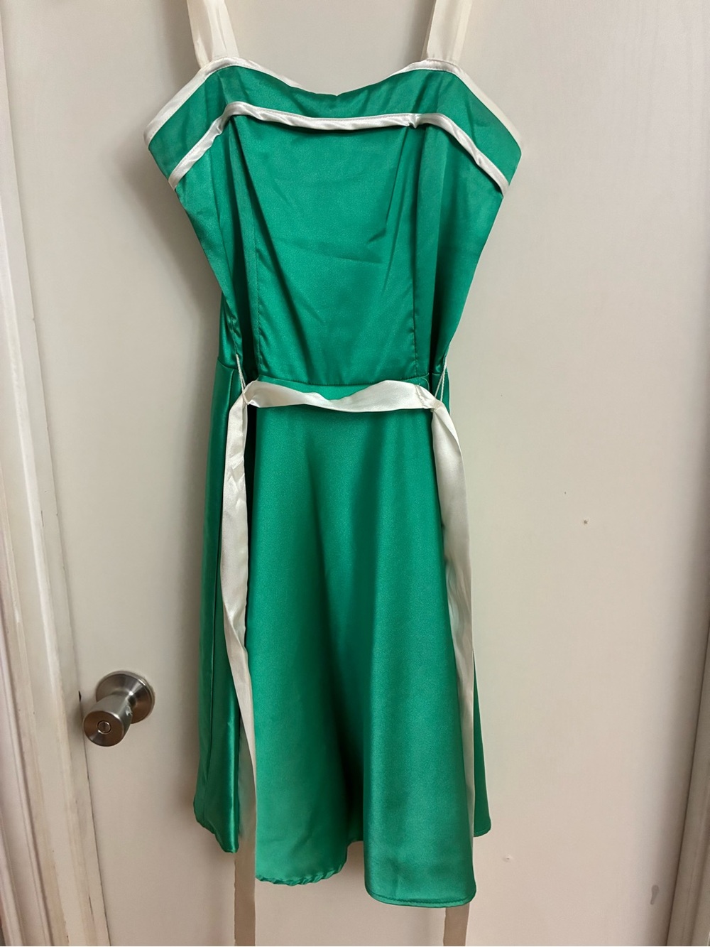 Mystic Green Satin Mini Dress with White Trim